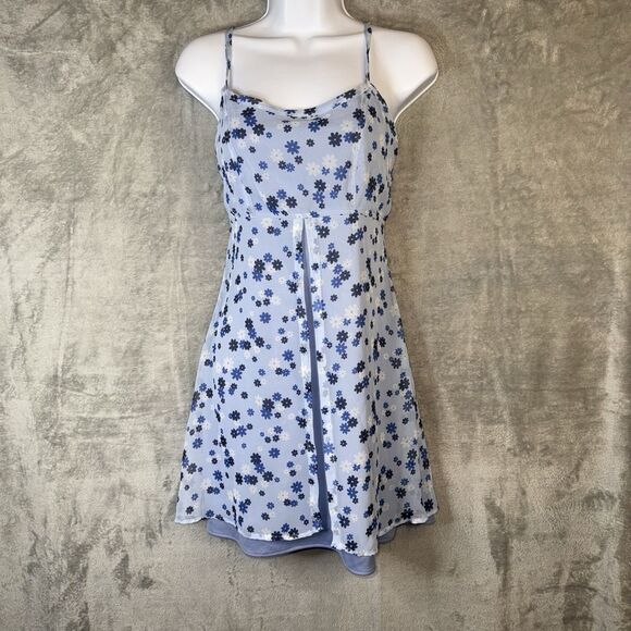 Vtg Y2K 575 Blue Floral Slip Dress Mesh Overlay Made in USA Sz 7 Fairy Coquette - Picture 1 of 10